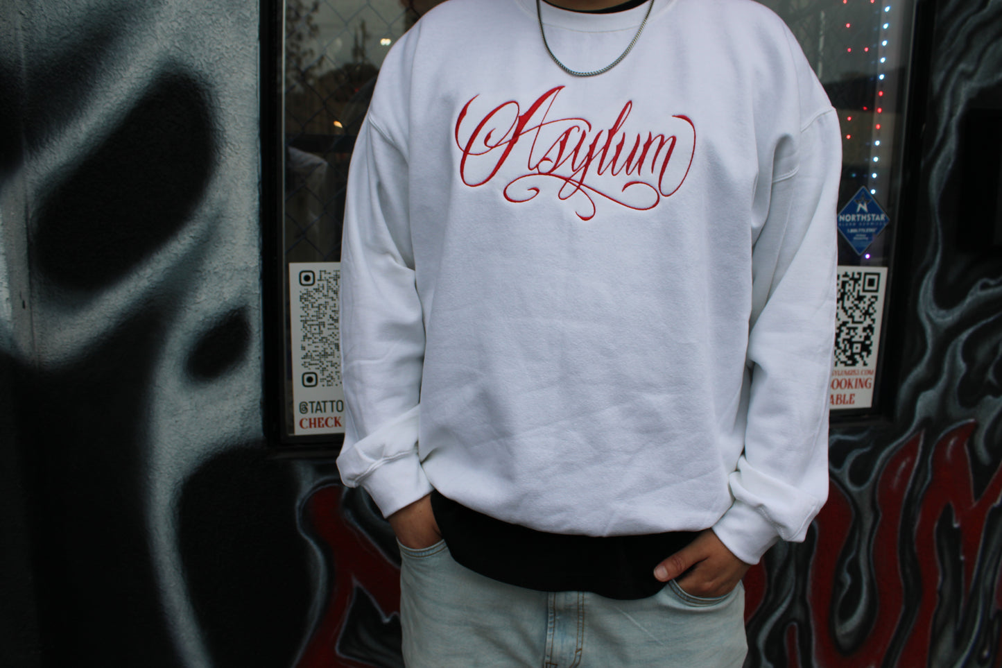 *White and Red Asylum Crewneck